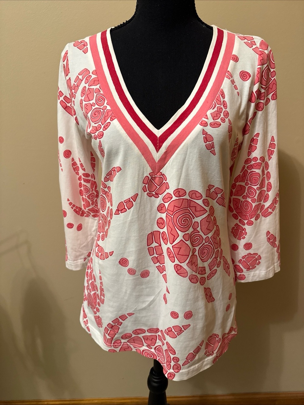 White V-Neck Tunic with Coral Pink Turtle Print